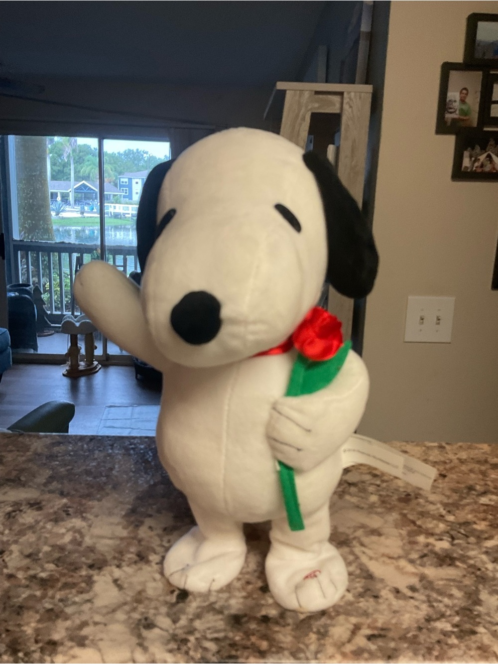 Snoopy Plush Holding Red Rose - White & Black Stuffed Automated movement music
